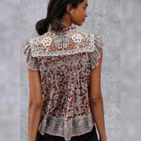 Othilia Anthropology Malia Shirt Women Large Red White Floral Lace Crochet Boho - Picture 2 of 10